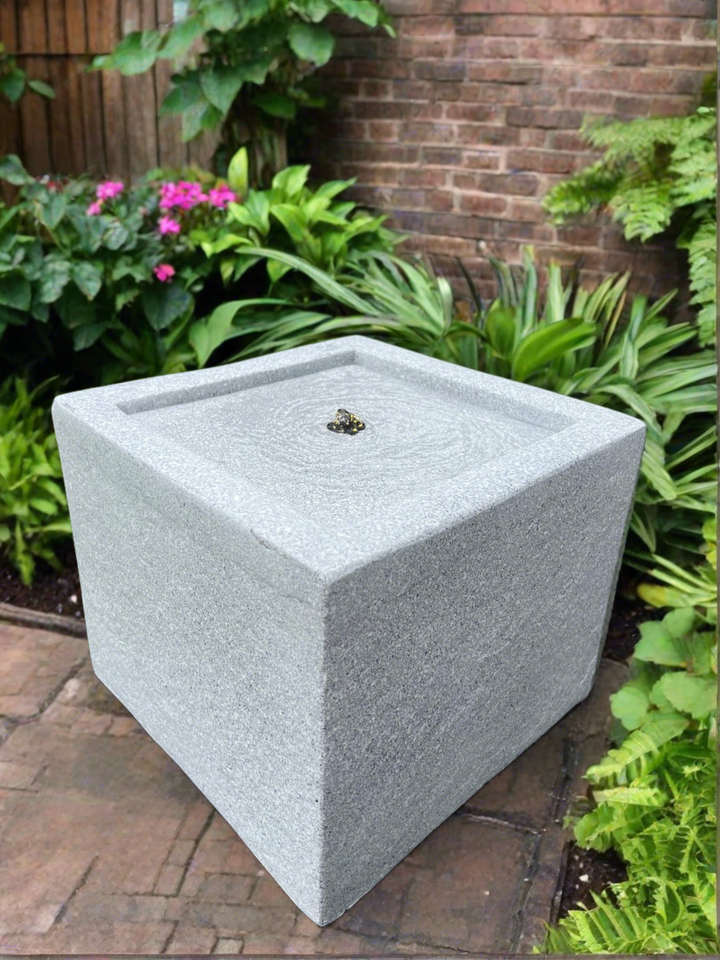 Square Water Feature with LED Lights - Solar powered  - Light Grey 37x37x30cm