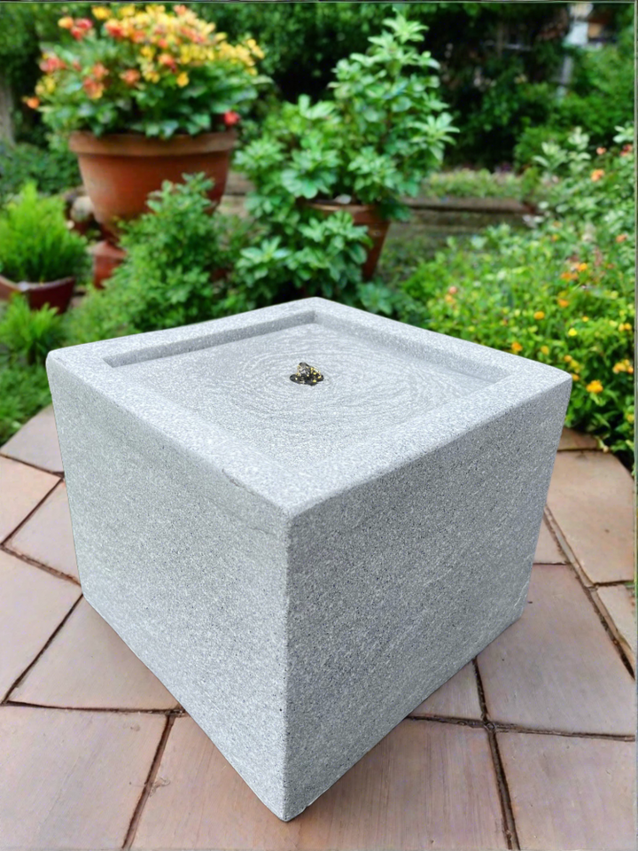 Square Water Feature with LED Lights - Solar powered  - Light Grey 37x37x30cm