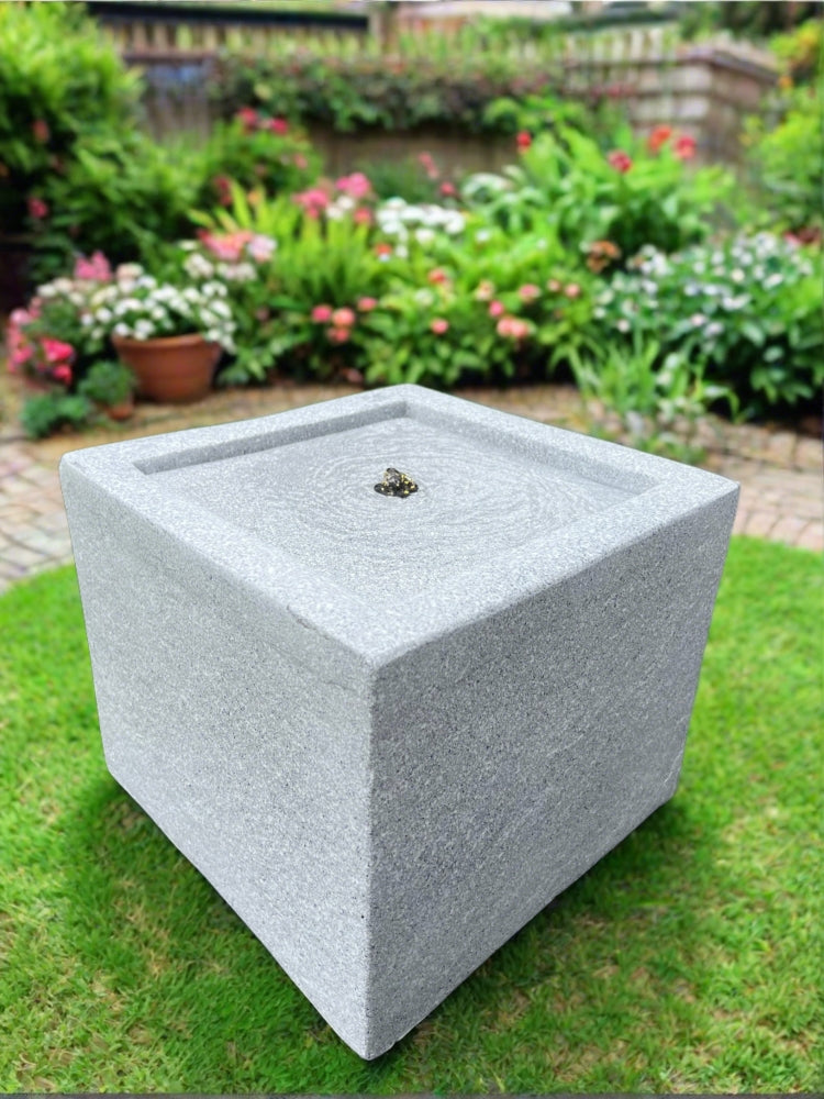 Square Water Feature with LED Lights - Plug Powered - Light Grey 37x37x30cm