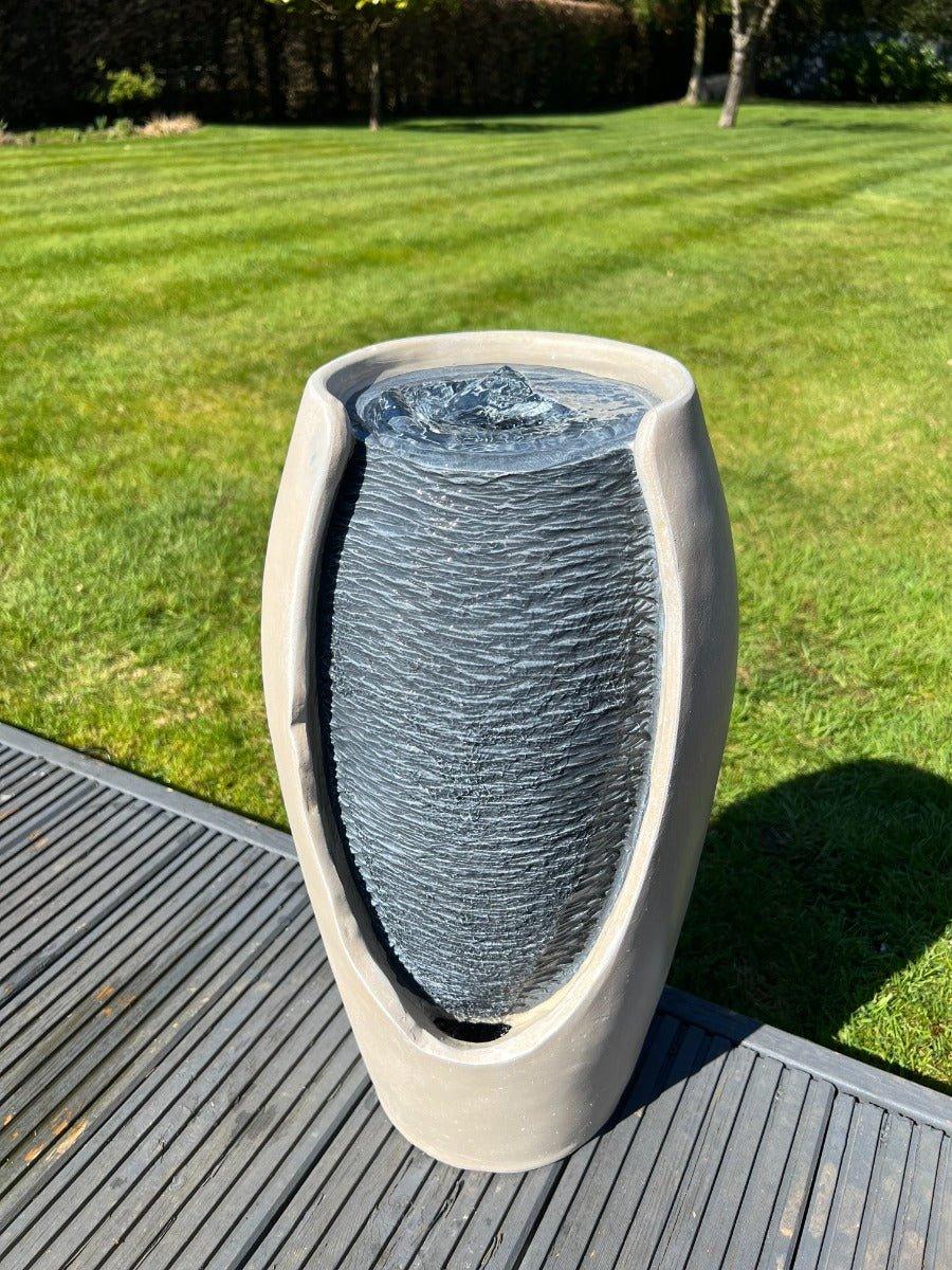 Open Vase White/Grey Water Feature with LED Lights - Solar Powered 27x25x50cm - AllPondSolutions