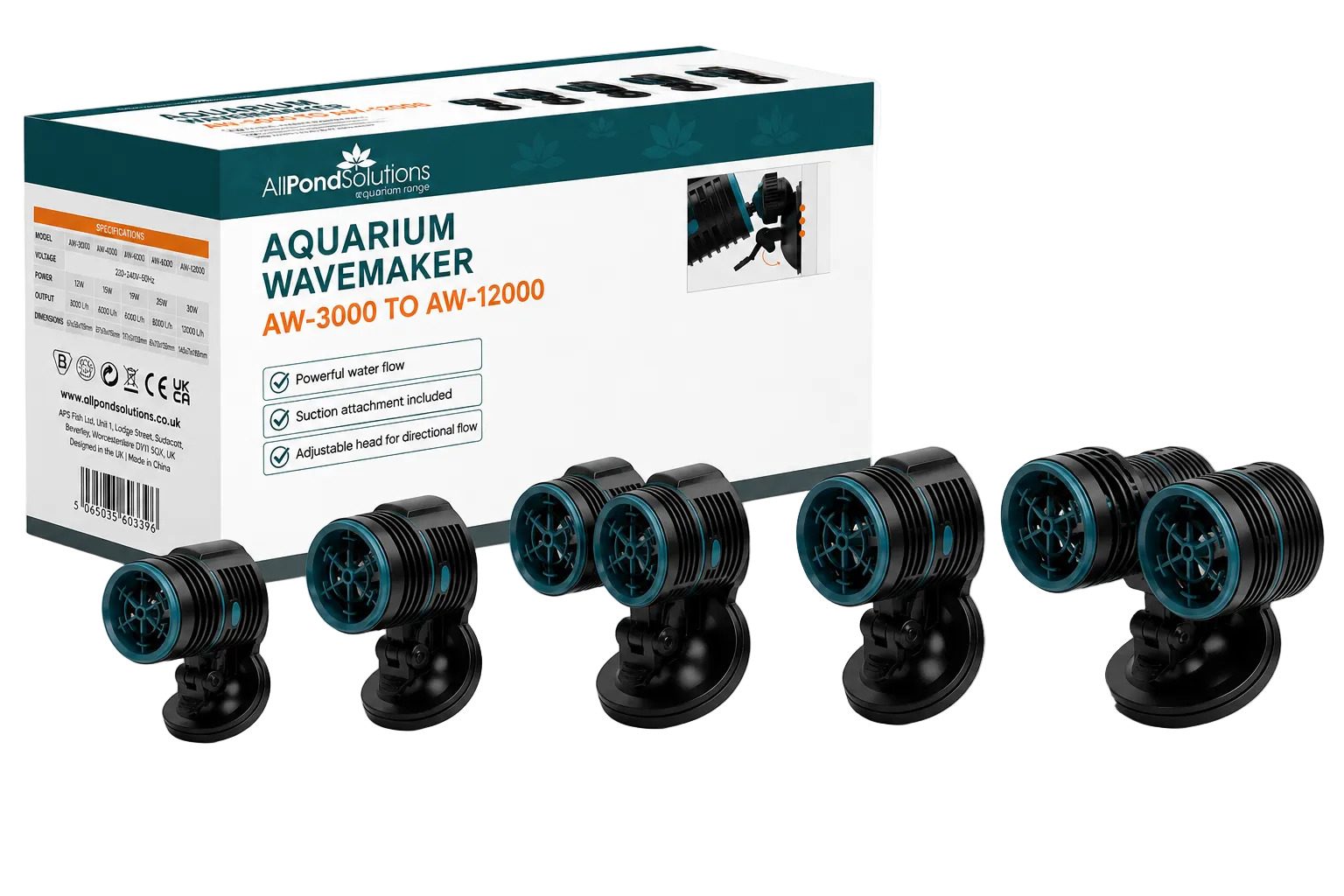 Six aquarium wave makers in different flow rates from AllPond Solutions, shown in front of their product packaging box on a white background.