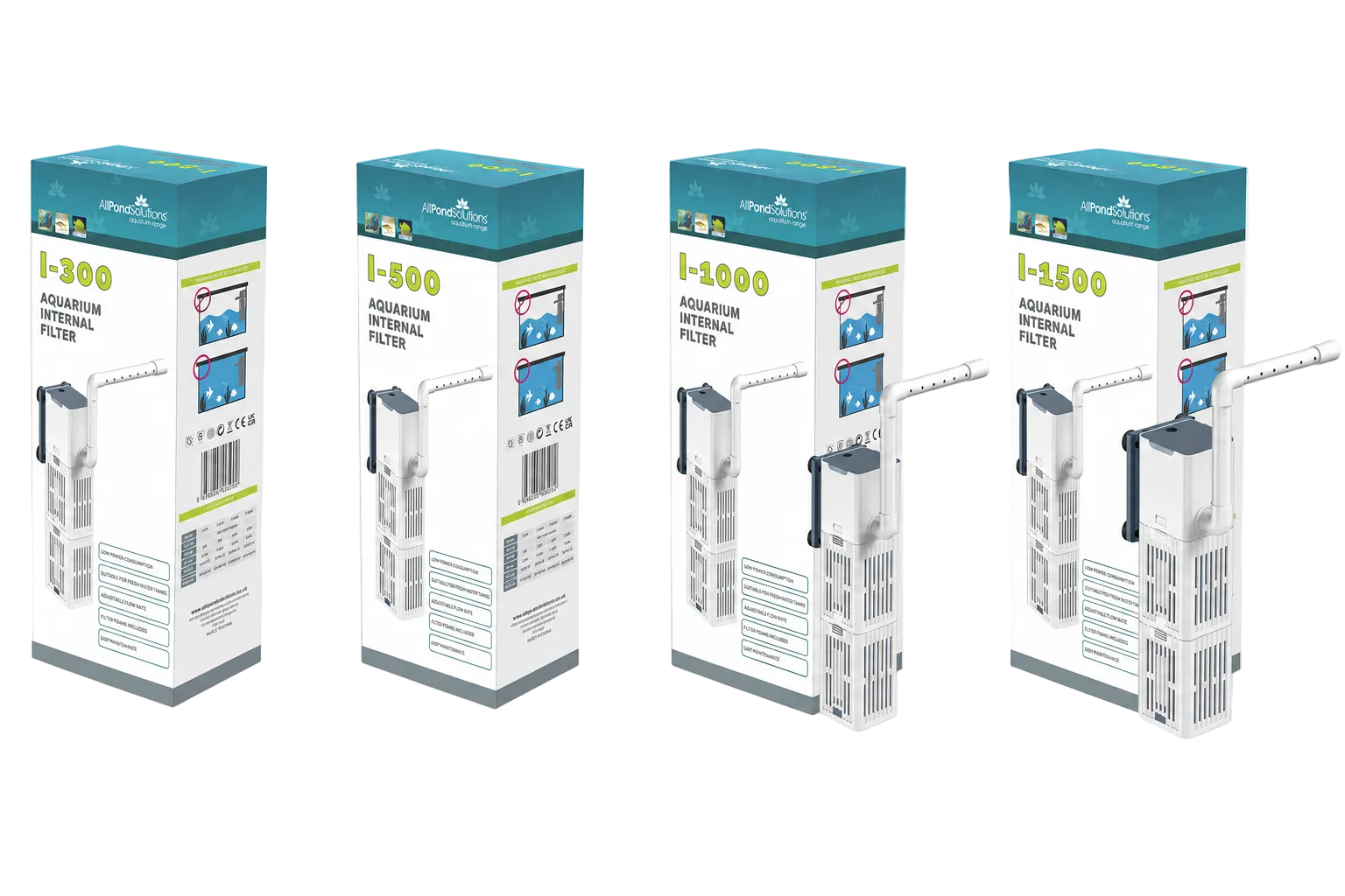 Four retail boxes of Aquamarin Internal Filter 1-1000 and 1-300 cartridges arranged in two rows on a plain white background.