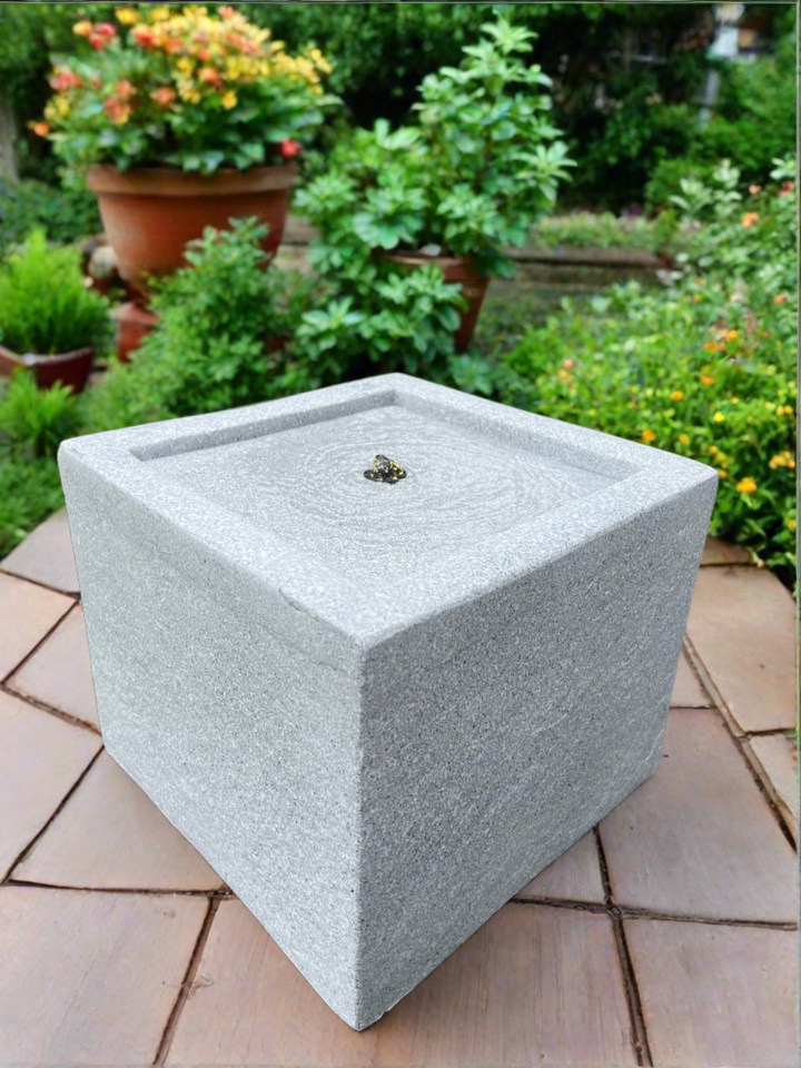 Square Water Feature with LED Lights - Plug Powered - Light Grey 37x37x30cm