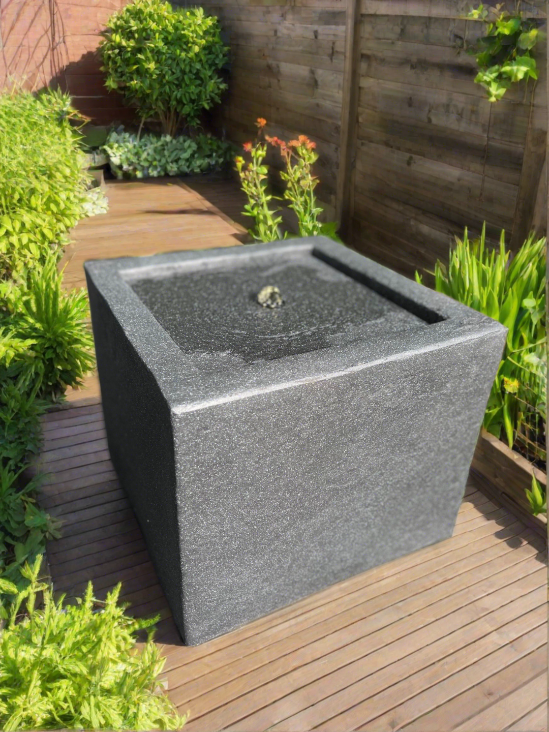 Square Water Feature with LED Lights - Solar - Dark Grey 37x37x30cm