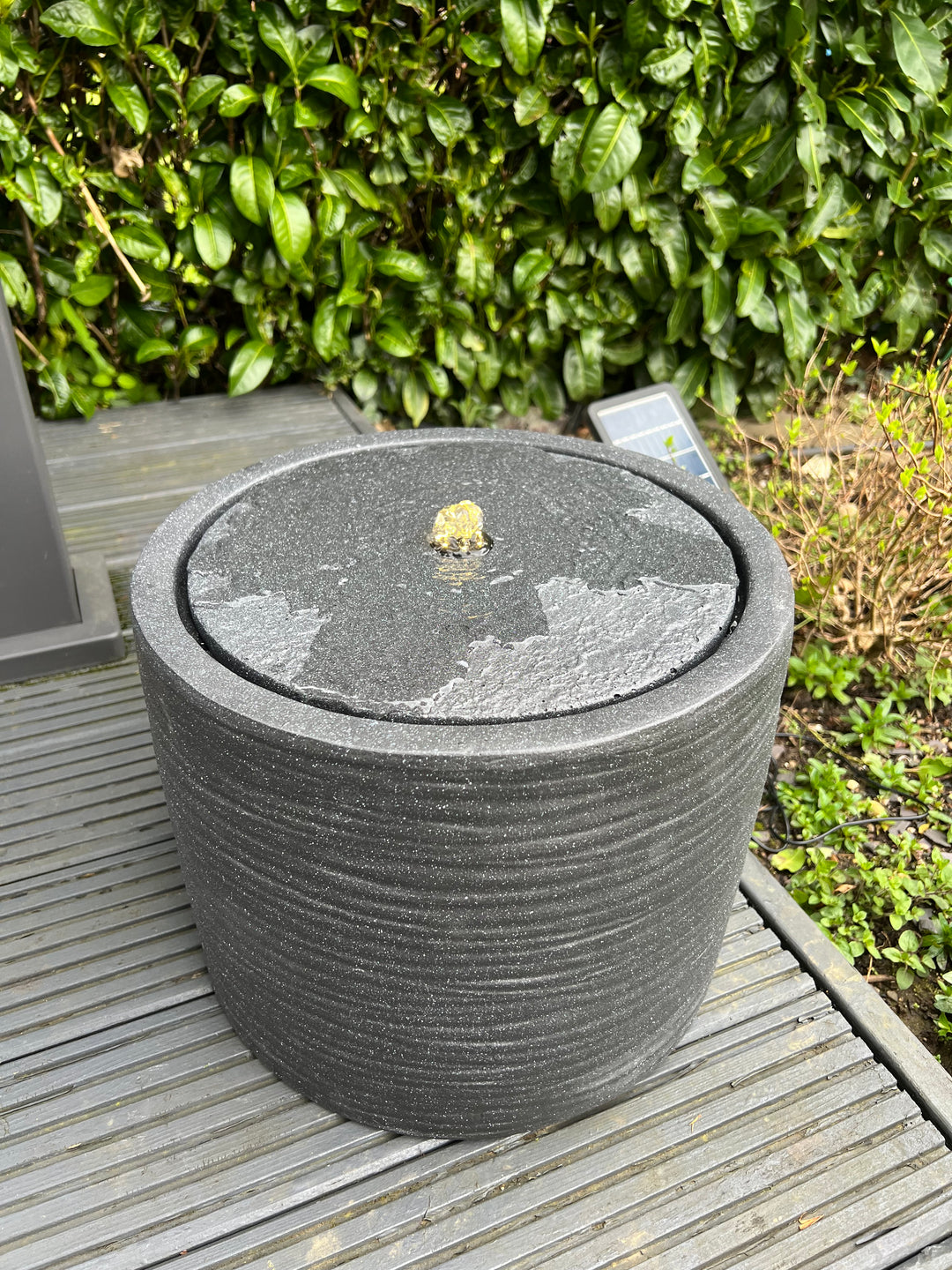Round Water Feature with LED Lights - Solar - Dark Grey 36x36x28cm