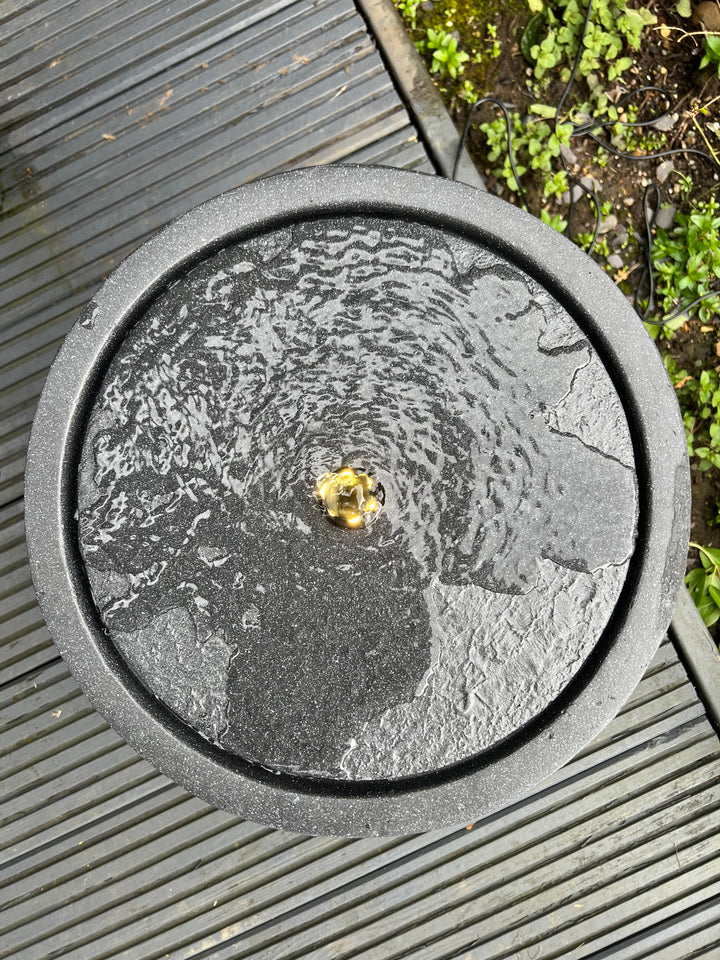 Round Water Feature with LED Lights - Plug Powered - Dark Grey 36x36x28cm