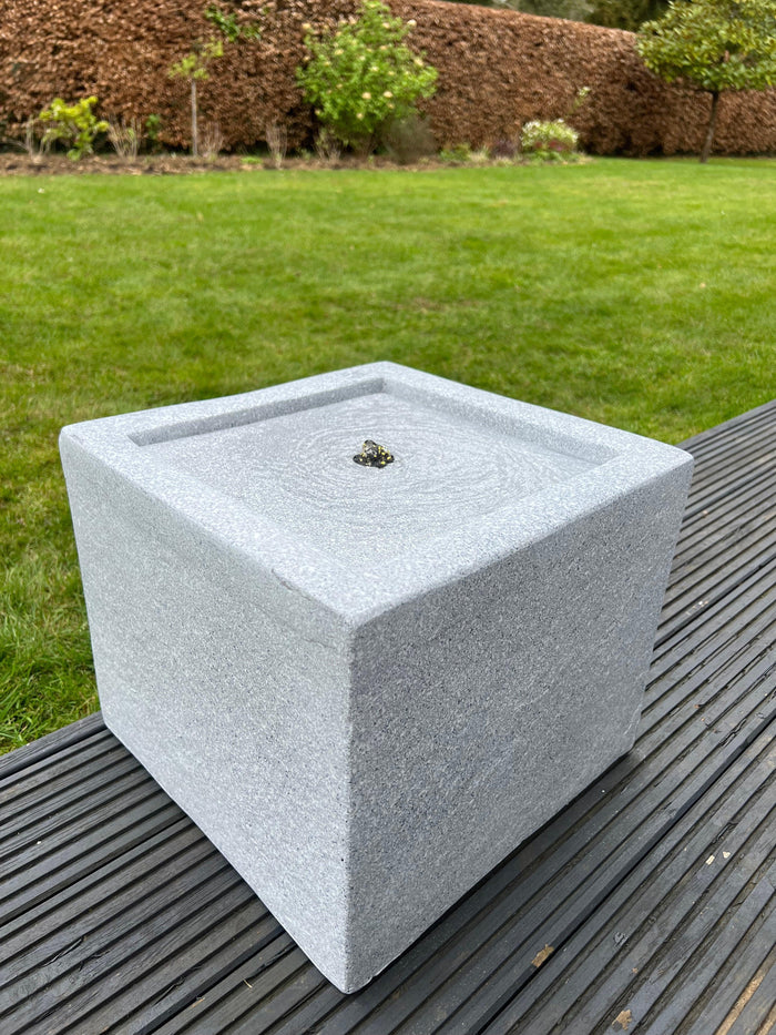 Square Water Feature with LED Lights - Solar powered - Light Grey 37x37x30cm