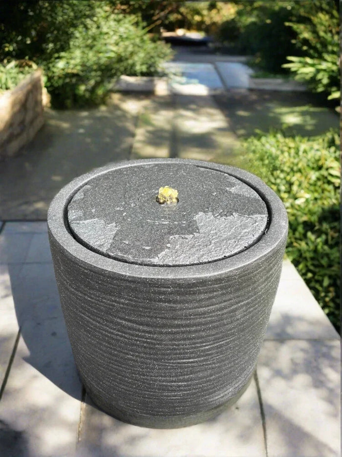Round Water Feature with LED Lights - Solar - Dark Grey 36x36x28cm