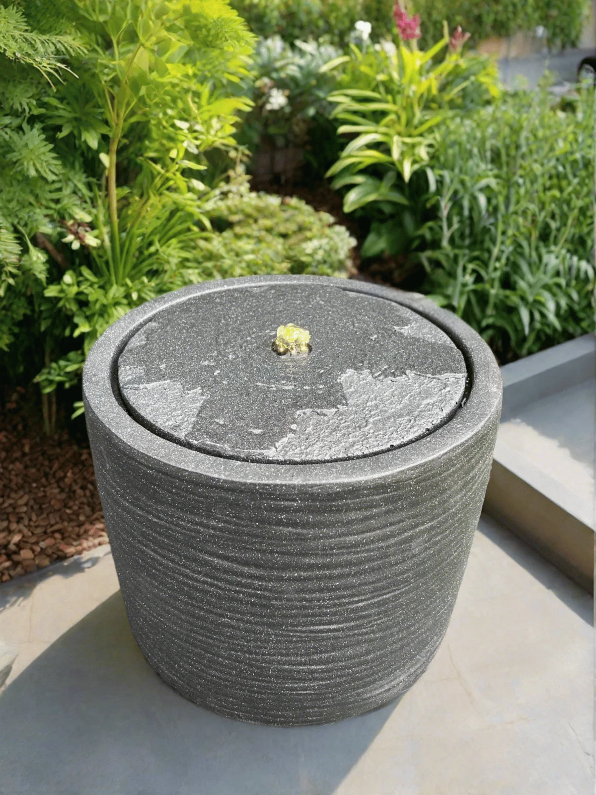 AllPondSolutions round plug-powered water feature, dark grey, with LED lights, 36x36x28cm