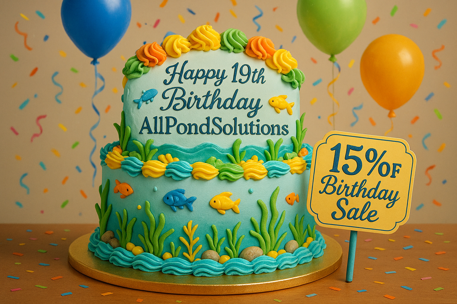 birthday cake with Happy 19th Brithday AllPondSolutions. then add 15% off Birthday Sale