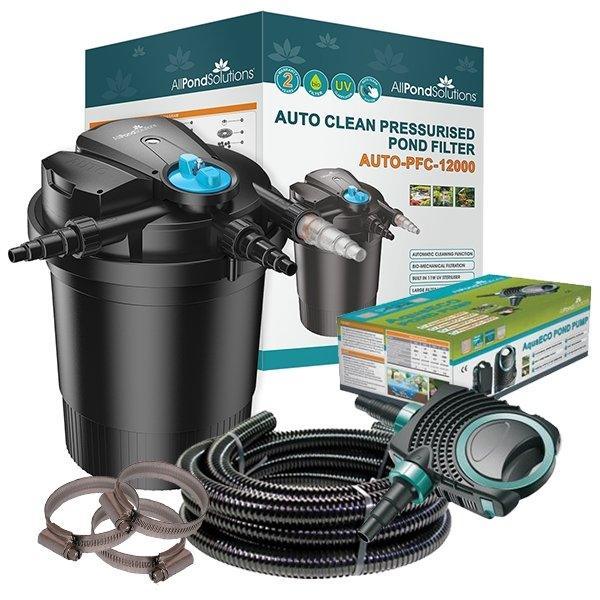 12,000L Auto Cleaning Pressurised Pond Filter Kit with 11W UV, AquaECO-8000 Pump & Hose - AUTO-PFC-12000-KIT