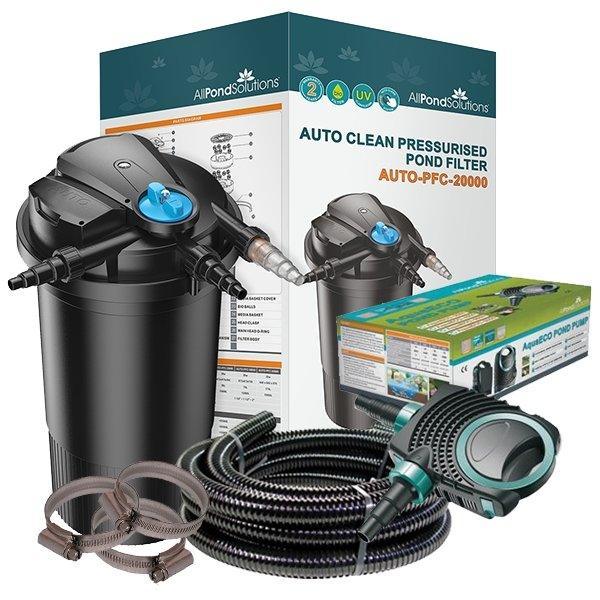20,000L Auto Cleaning Pressurised Pond Filter Kit with 18W UV, AquaECO-8000 Pump & Hose - AUTO-PFC-20000-KIT