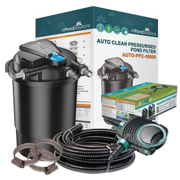 30,000L Auto Cleaning Pressurised Pond Filter Kit with 55W UV, AquaECO-12000 Pump & Hose - AUTO-PFC-30000-KIT