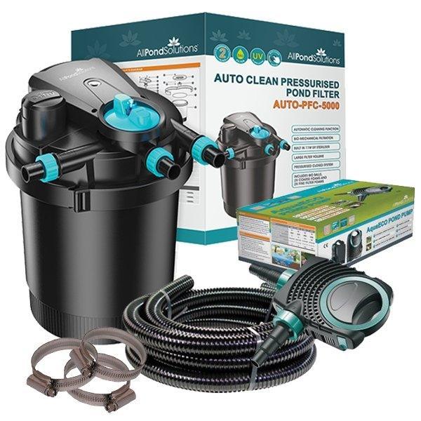 5,000L Auto Cleaning Pressurised Pond Filter Kit with 11W UV, AquaECO-3000 Pump & Hose - AUTO-PFC-5000-KIT
