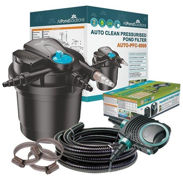 8,000L Auto Cleaning Pressurised Pond Filter Kit with 11W UV, AquaECO-4500 Pump & Hose - AUTO-PFC-8000-KIT