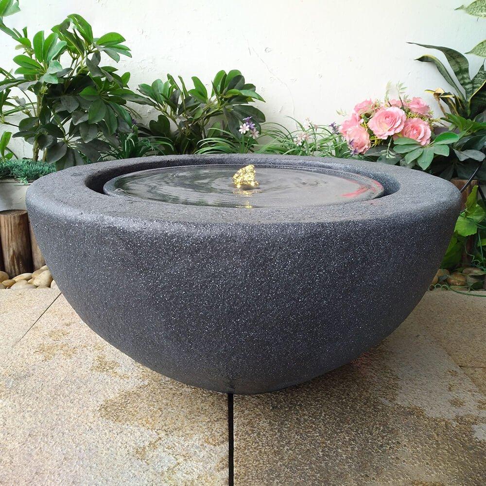 Bowl Stone Water Feature with LED Light - Dark Grey - AllPondSolutions