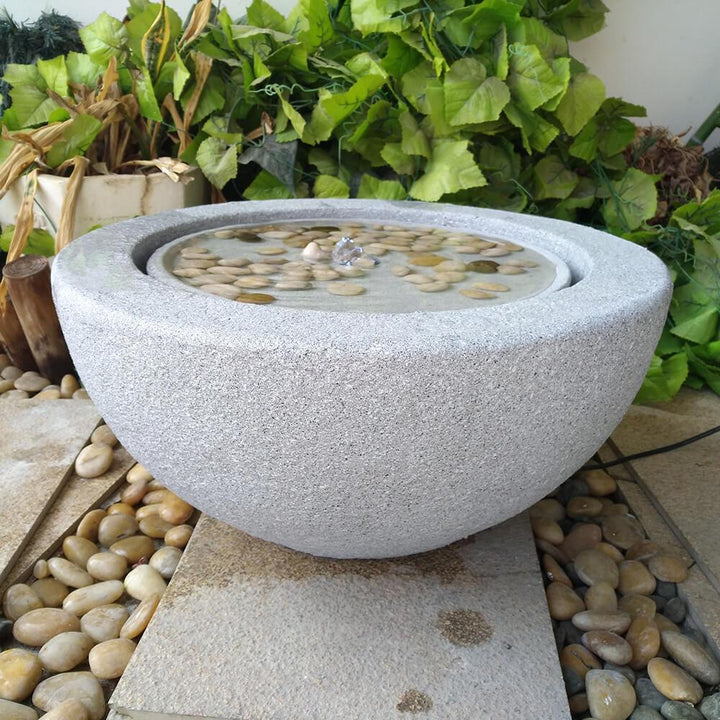 Bowl Stone Water Feature with LED Light - Light Grey - AllPondSolutions
