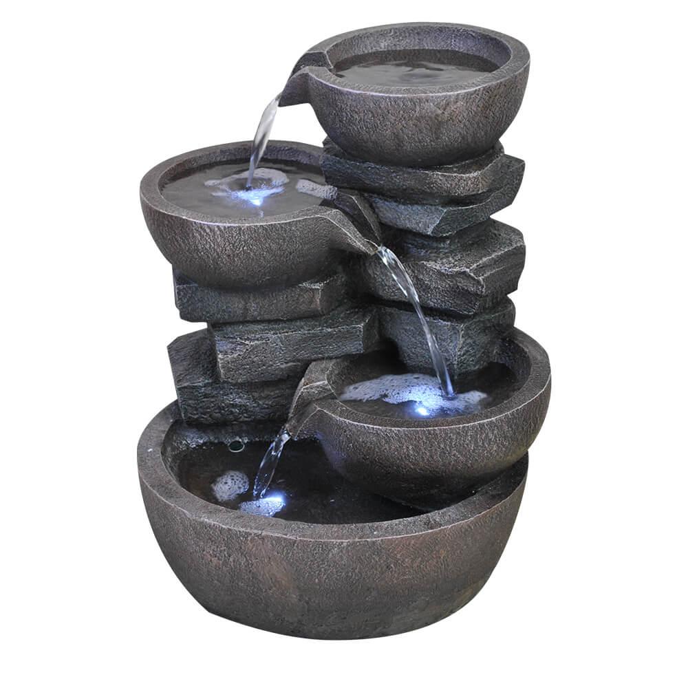 Four-Tier Cascading Bowl Water Feature with LED Lights - AllPondSolutions