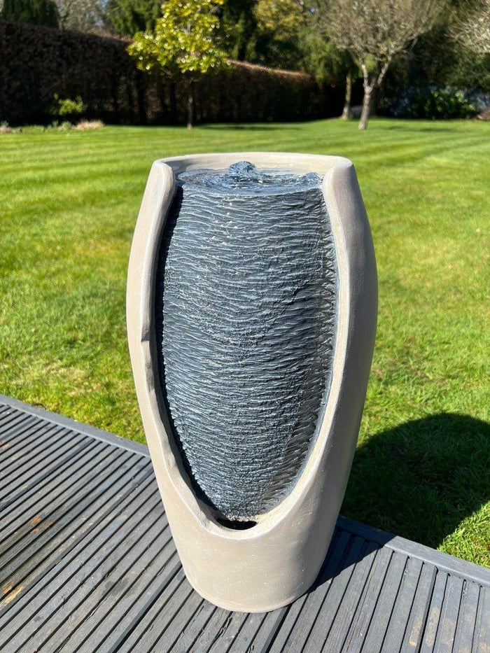 Open Vase White / Grey Water Feature with LED Lights - Solar Powered 27x25x50cm