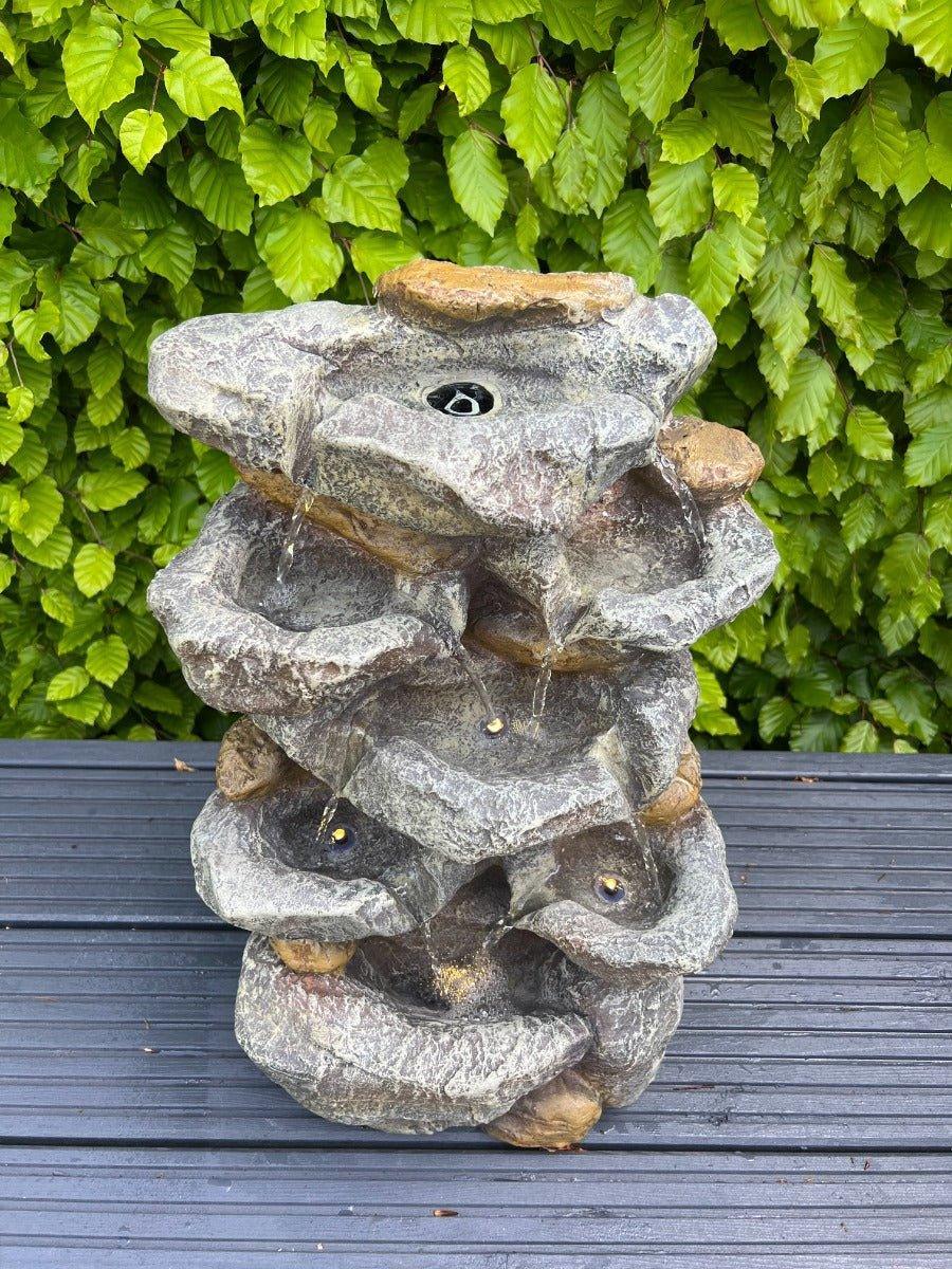 AllPondSolutions rock waterfall 7-bowl solar water feature with LED lights