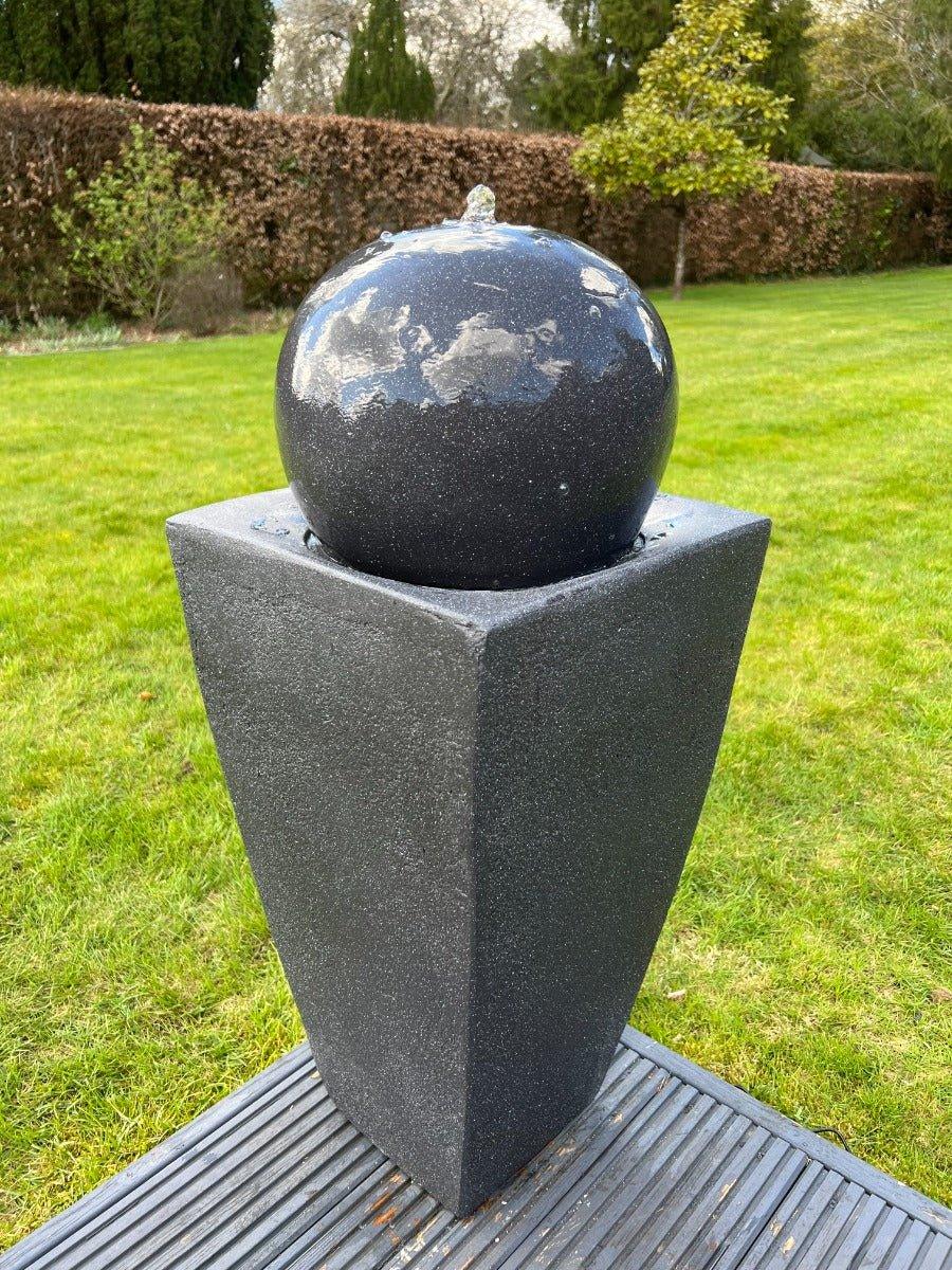 AllPondSolutions round ball on vase solar water feature, dark grey, with LED lights