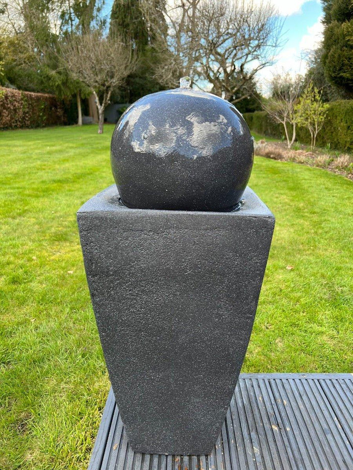 Round Ball On Vase Feature with LED Lights in Dark Grey - Solar Panel 84x33x33 - AllPondSolutions